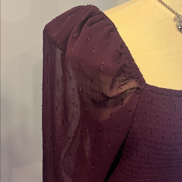 EXPRESS Purple Sparkle Long Sleeve Elastic Smocked Puff Shoulder Blouse XL - Picture 3 of 12